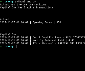 A terminal running the csvcmp script